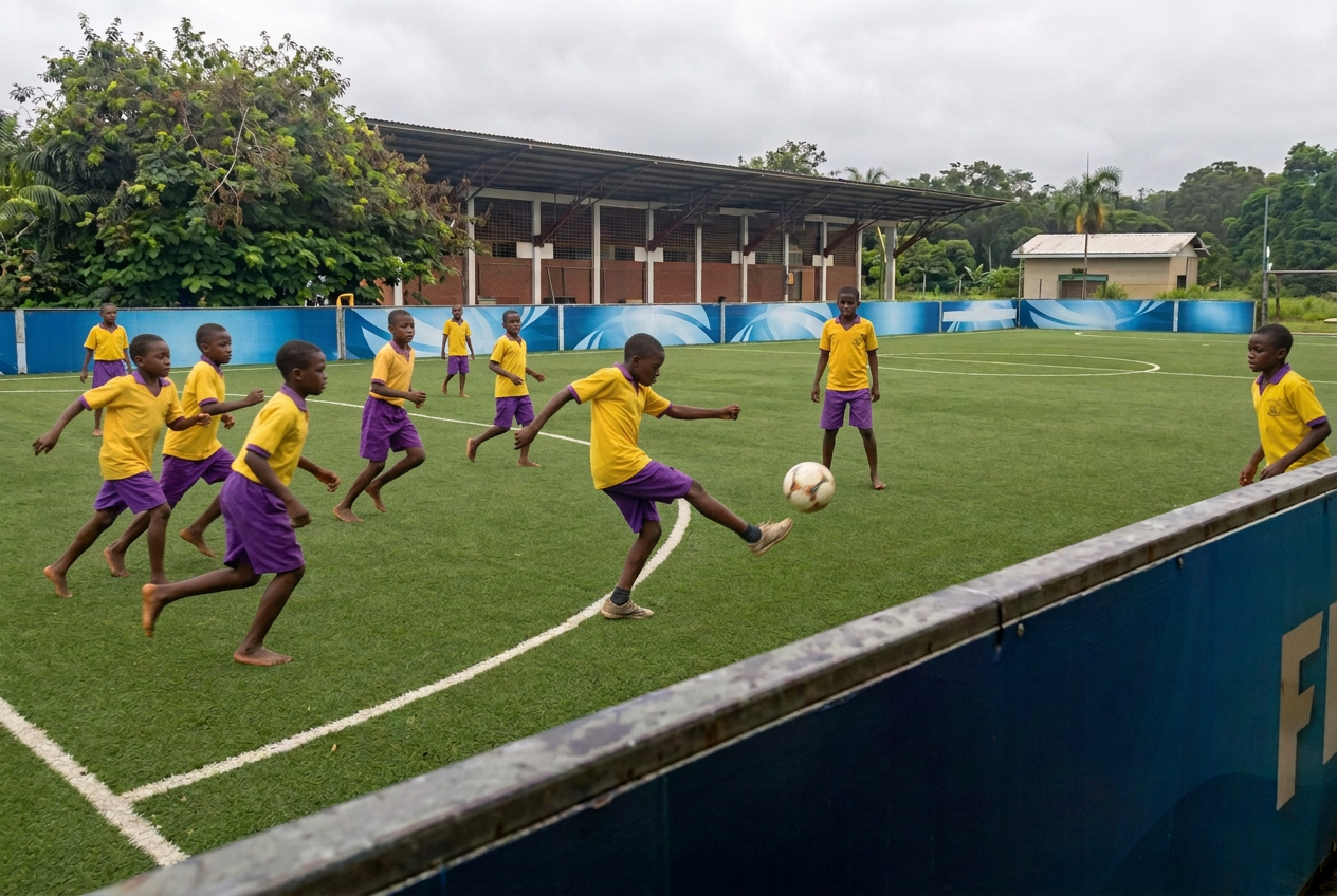 Children playing football on a community pitch in rural Cameroon