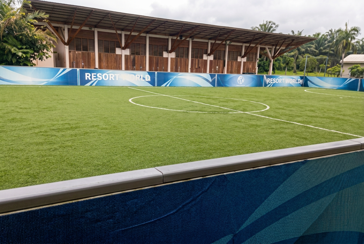 Pitch-side view of the Football for Hope Centre stand and perimeter boards