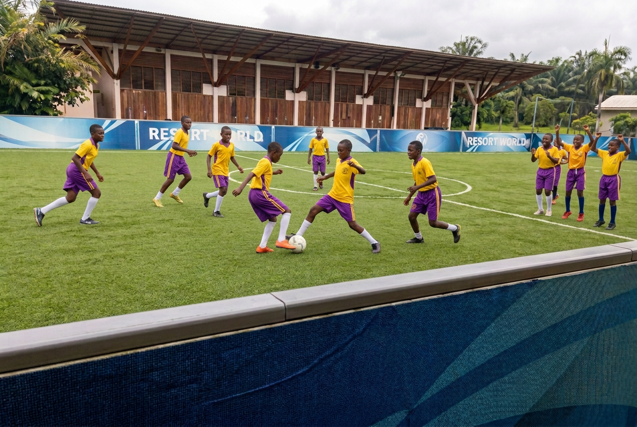 A small-sided match on the Football for Hope Centre pitch with children cheering from the side