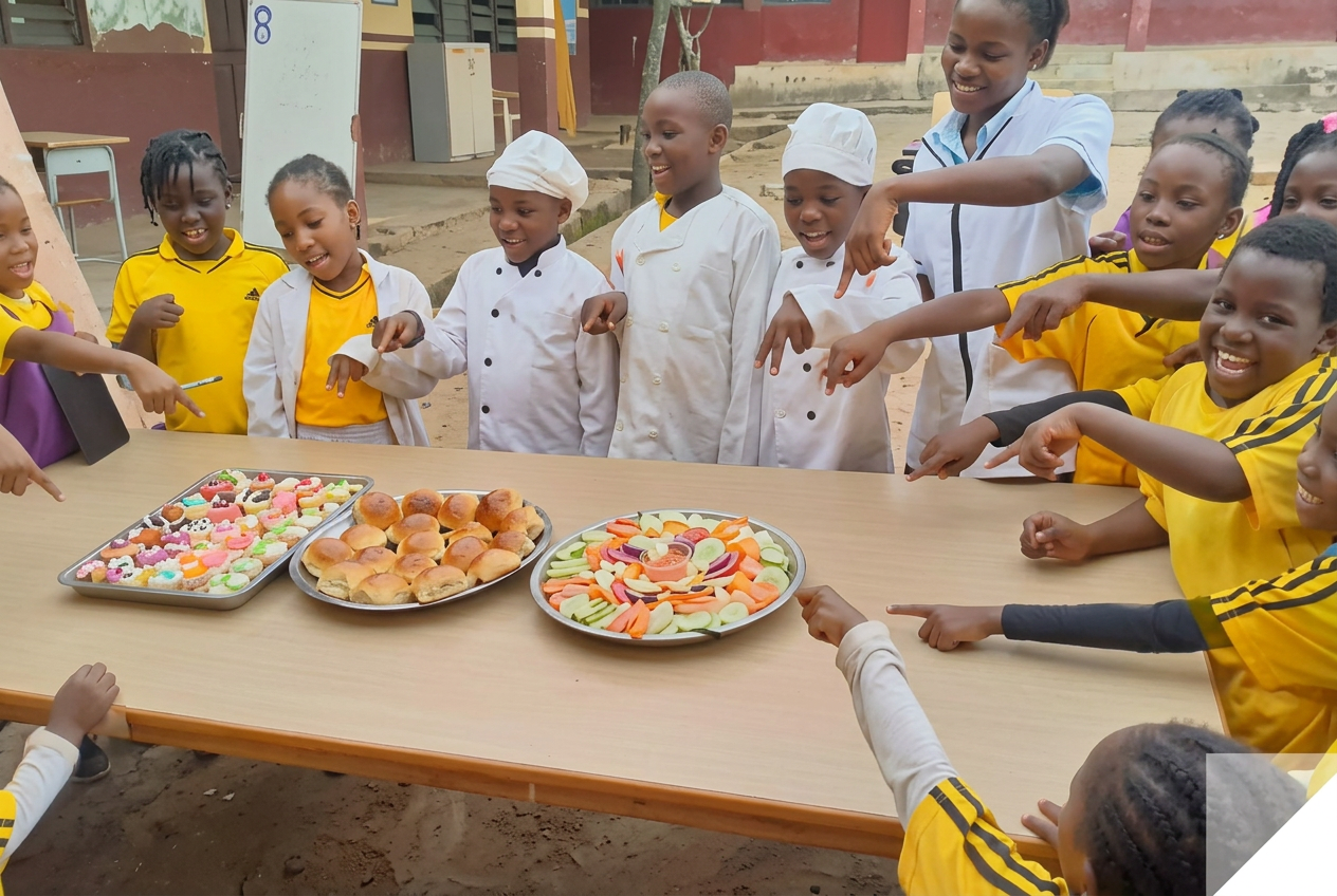 Catering students presenting trays of pastries, bread rolls and salad they prepared