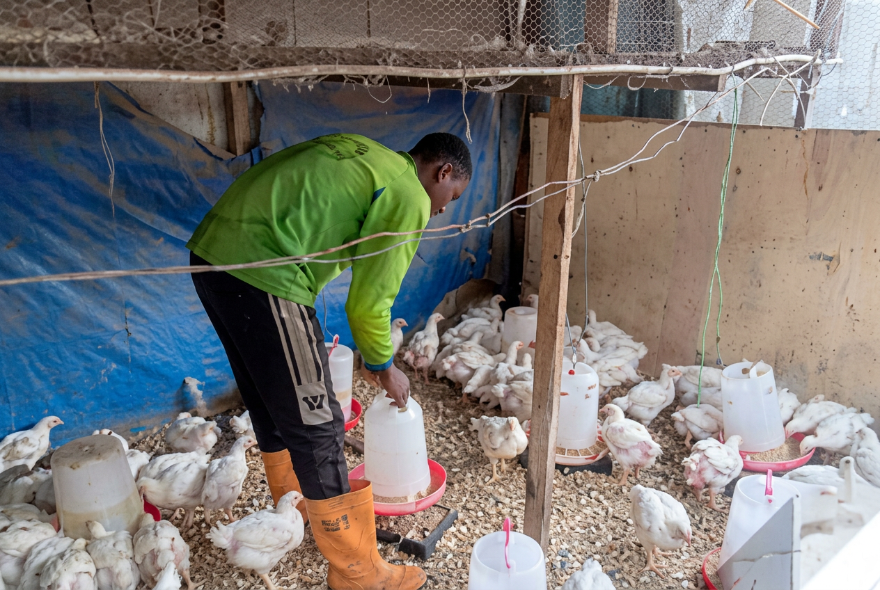 A young trainee feeding broiler chickens in the UAC poultry house